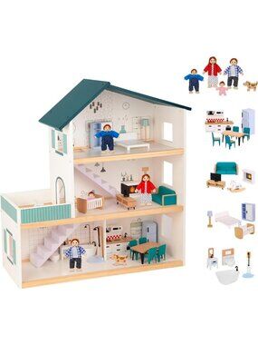 Wooden Dollhouse for Kids with 26 Accessories & Furniture - Fun Playset!